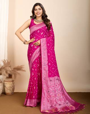 rani pink meena kari work silk blend saree with blouse 2