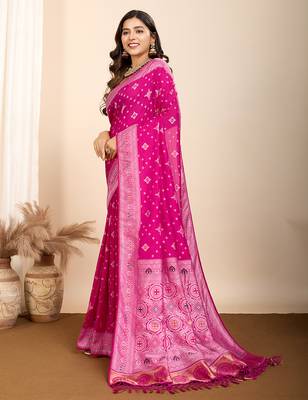rani pink meena kari work silk blend saree with blouse 3