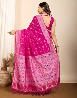 rani pink meena kari work silk blend saree with blouse 4