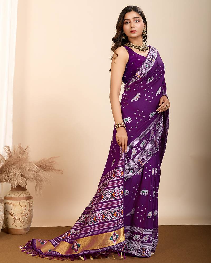 Purple meena kari work pure silk saree with blouse