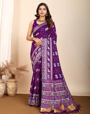 purple meena kari work silk blend saree with blouse 2