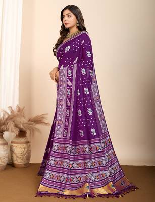 purple meena kari work silk blend saree with blouse 3
