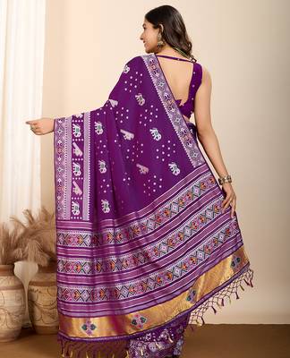 purple meena kari work silk blend saree with blouse 4