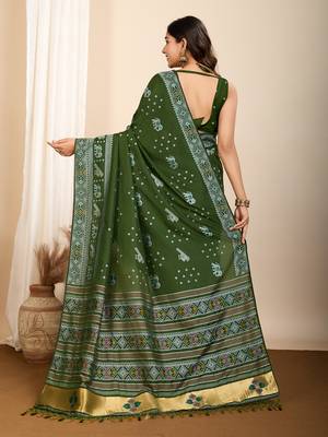 mehendi meena kari work silk blend saree with blouse 4
