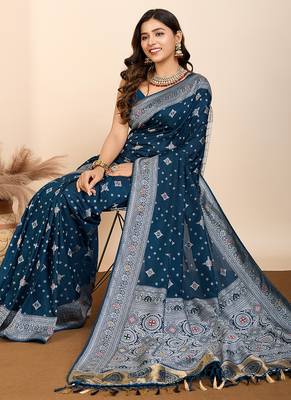 navy blue meena kari work silk blend saree with blouse 1