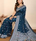 navy blue meena kari work silk blend saree with blouse