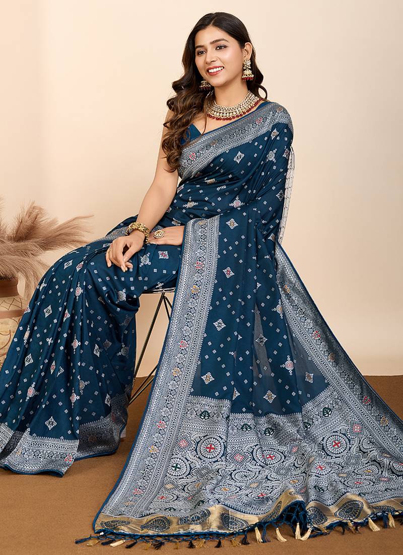 Navy blue meena kari work pure silk saree with blouse