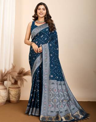 navy blue meena kari work silk blend saree with blouse 2
