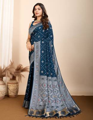 navy blue meena kari work silk blend saree with blouse 3