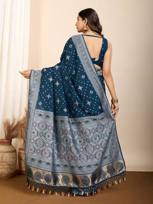 navy blue meena kari work silk blend saree with blouse 4