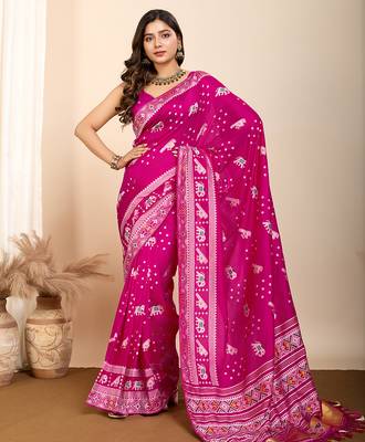 rani pink meena kari work silk blend saree with blouse 1