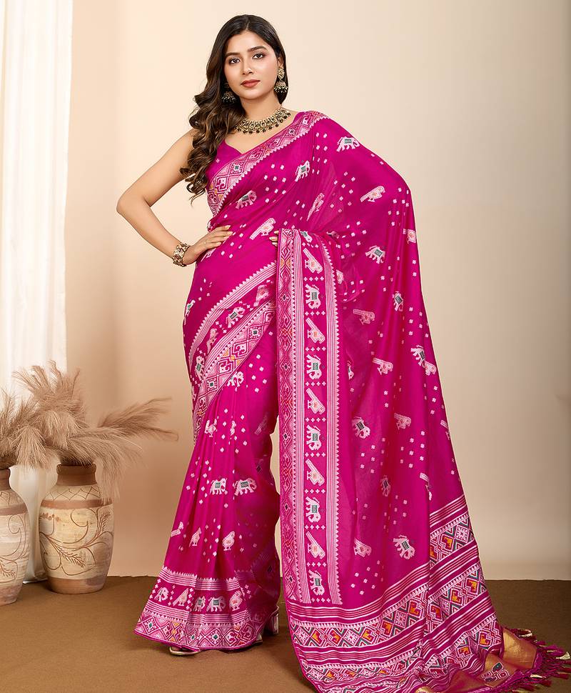 Rani pink meena kari work pure silk saree with blouse