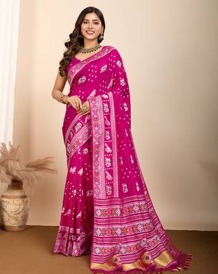 rani pink meena kari work silk blend saree with blouse 2