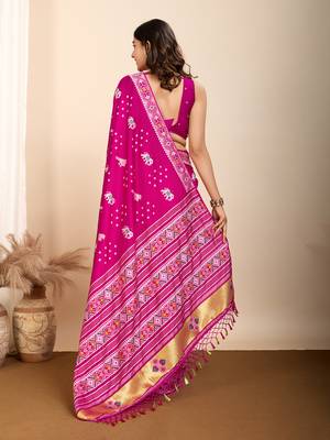 rani pink meena kari work silk blend saree with blouse 4