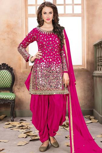 pink taffeta embroidery & mirror work semi stitched suit