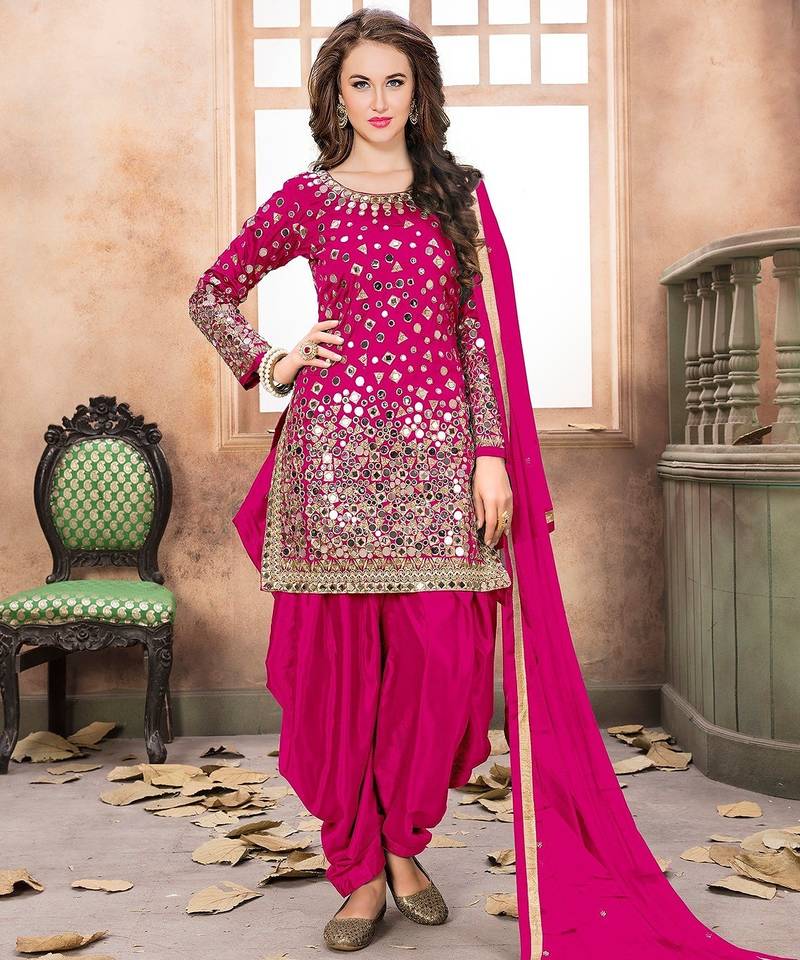 pink taffeta embroidery & mirror work semi stitched suit