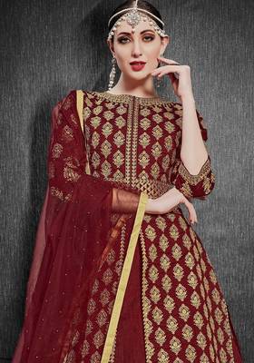 maroon silk blend embroidery zari and diamond semi stitched suit 1