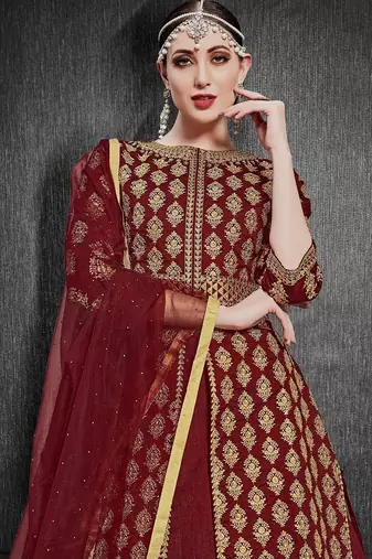 maroon silk blend embroidery zari and diamond semi stitched suit