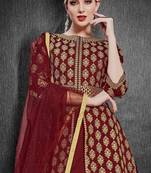 maroon silk blend embroidery zari and diamond semi stitched suit