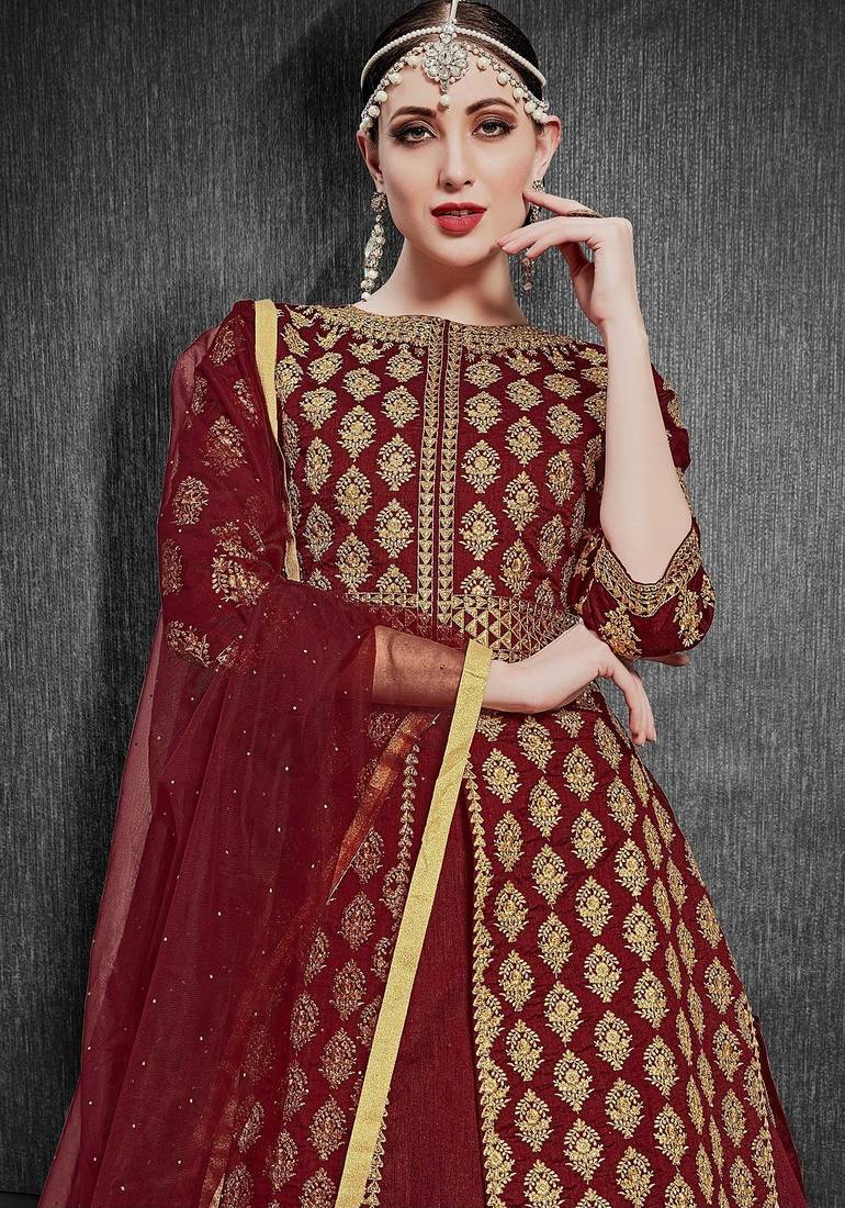 maroon silk blend embroidery zari and diamond semi stitched suit
