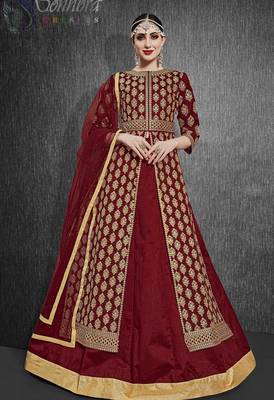 maroon silk blend embroidery zari and diamond semi stitched suit 2