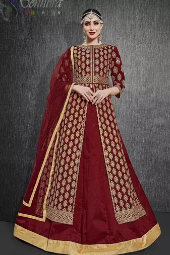 maroon silk blend embroidery zari and diamond semi stitched suit