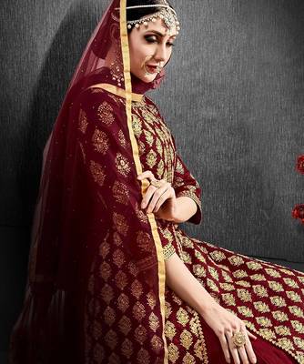 maroon silk blend embroidery zari and diamond semi stitched suit 3