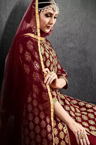maroon silk blend embroidery zari and diamond semi stitched suit