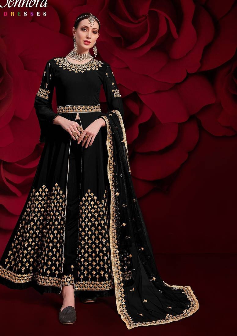 purple georgette embroidered & stone semi stitched suit