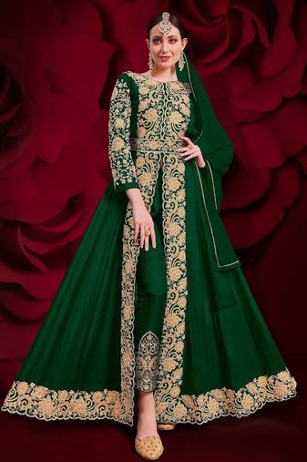 green georgette embroidered & stone semi stitched suit