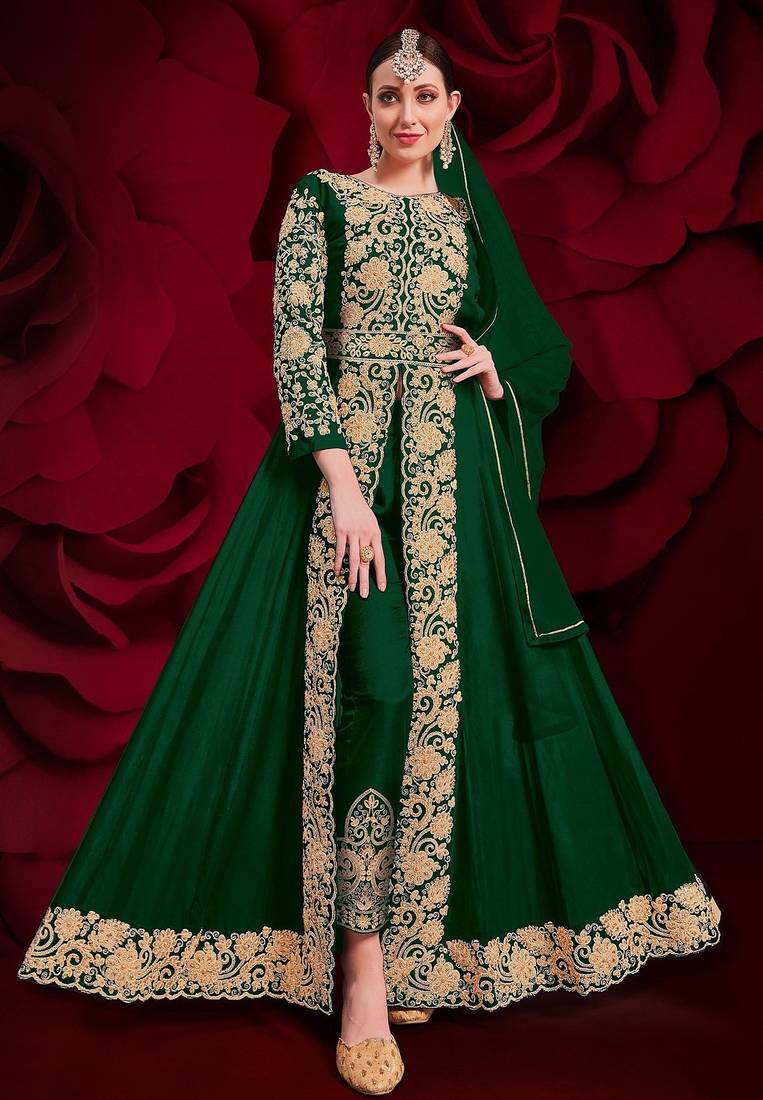 green georgette embroidered & stone semi stitched suit