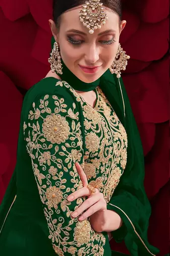 green georgette embroidered & stone semi stitched suit