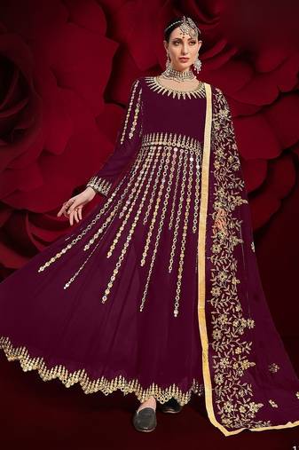 wine georgette embroidered & stone semi stitched suit