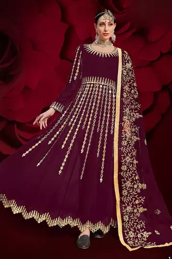 wine georgette embroidered & stone semi stitched suit