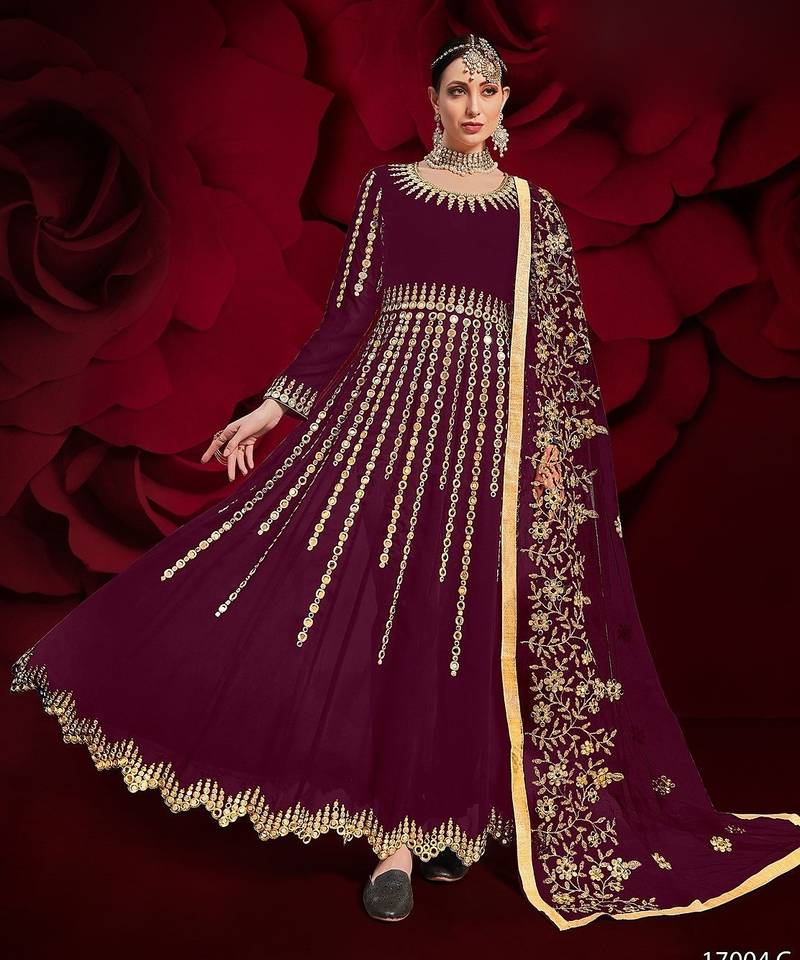 wine georgette embroidered & stone semi stitched suit