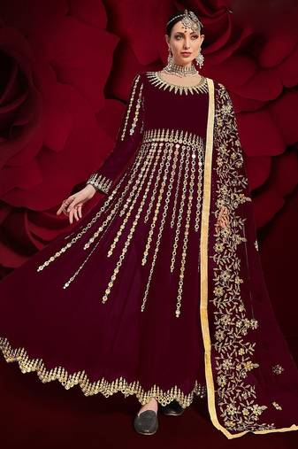 maroon georgette embroidered & stone semi stitched suit