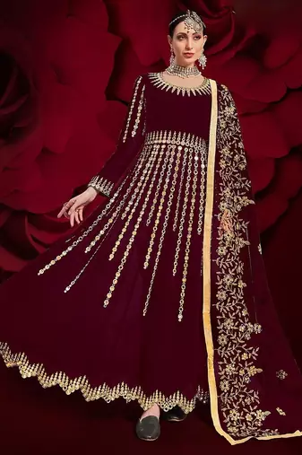 maroon georgette embroidered & stone semi stitched suit