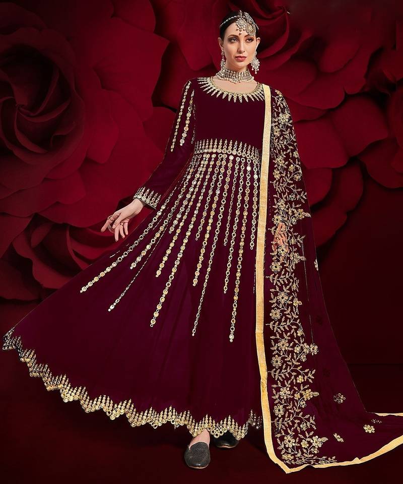 maroon georgette embroidered & stone semi stitched suit