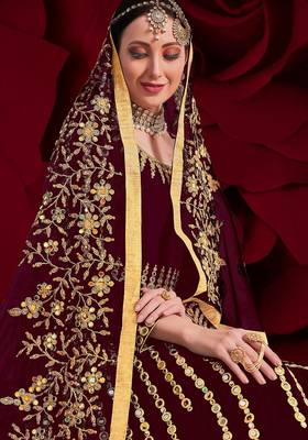 maroon georgette embroidered & stone semi stitched suit 2