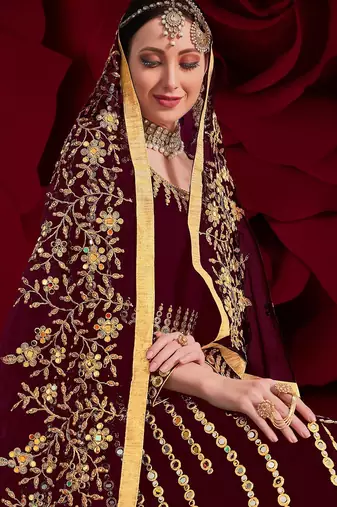 maroon georgette embroidered & stone semi stitched suit