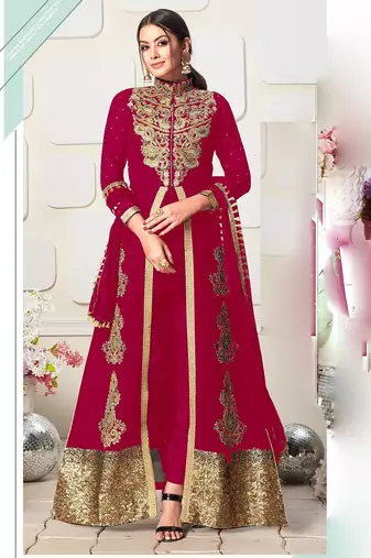 pink georgette embroidery zari and diamond semi stitched suit