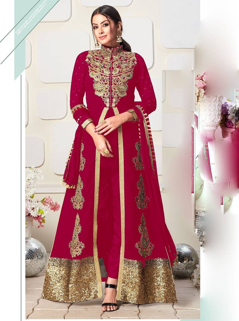pink georgette embroidery zari and diamond semi stitched suit