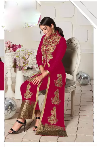 pink georgette embroidery zari and diamond semi stitched suit