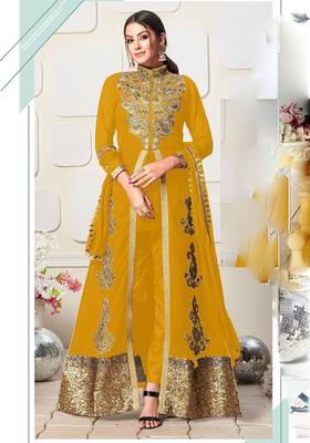 mustard georgette embroidery zari and diamond semi stitched suit 1