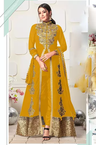 mustard georgette embroidery zari and diamond semi stitched suit