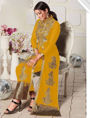 mustard georgette embroidery zari and diamond semi stitched suit 2