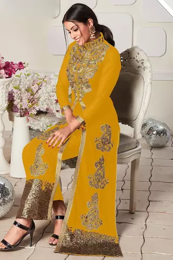 mustard georgette embroidery zari and diamond semi stitched suit