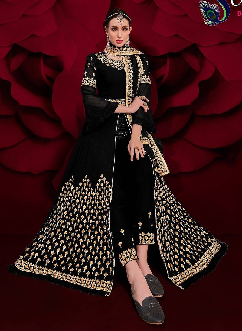 black georgette embroidery zari and diamond semi stitched suit