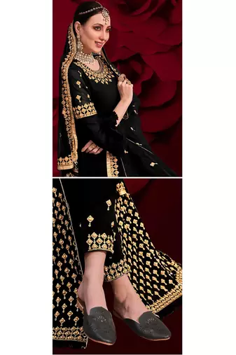 black georgette embroidery zari and diamond semi stitched suit