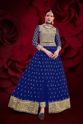 blue georgette embroidery zari and diamond semi stitched suit 1